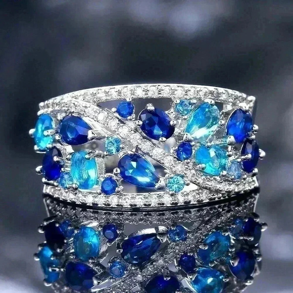 Stunning 14k Gold Over Silver Diamond Blue Sapphire Ring - Picture 2 of 4